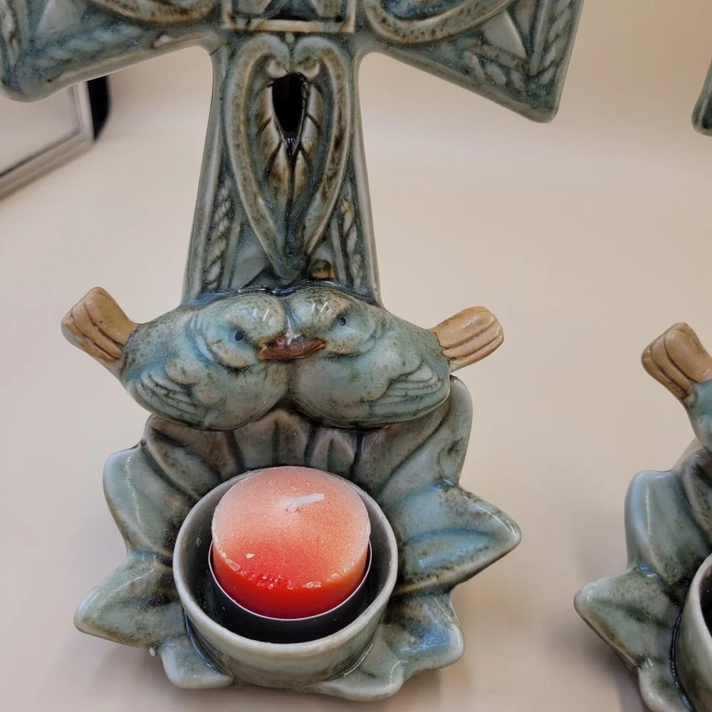 Celtic Cross Ceramic Candle Holder Set of 2 Blue Green Glaze with Birds Decor